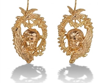Angel Memento Mori earrings in 14KT gold-plated Demirouge alloy, Baroque Bourbon style pendant, sacred sculpture, Dove of Peace