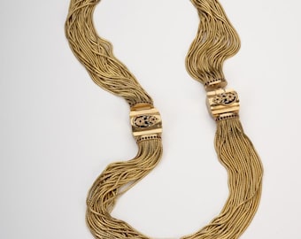 Collana Grandi Occasioni Scrigno dei Templari, Dorata oro 14KT cristalli granato, Collier scultoreo monumentale 300gr lusso, Sfilata Milano