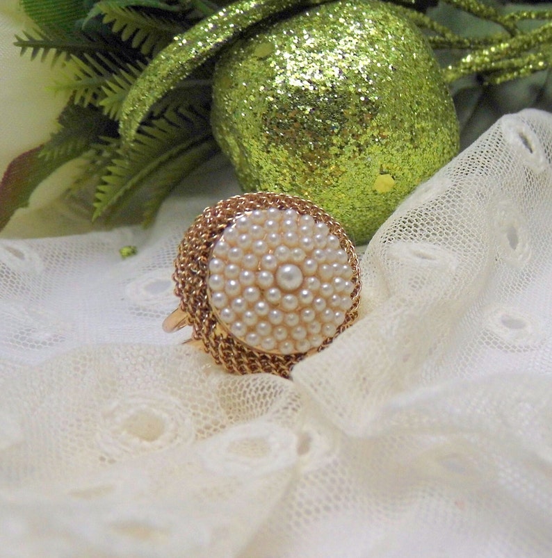 Anillo de perlas, anillo vintage, anillo ajustable, joya italiana antigua, anillo elegante, anillo de mujer de oro, anillo particular grande imagen 4