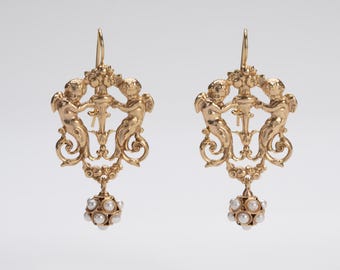Angel and Imitation Pearl Drop Earrings, Italian Baroque Style, Vintage Alloy Jewelry, Italian Craftsmanship, Gift