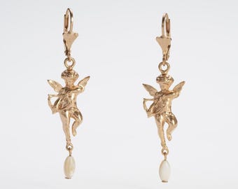 Gorgeous Baroque Style Gold Cupid Angel Arrow Earrings with River Pearls for an Elegant and Sophisticated Look, Handmade
