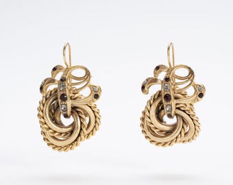 Bourbon Torchon Hoop Örhängen | Rökröda granatkristaller | Antik viktoriansk Florensstil | 14K Demi-Rouge guld | Handgjorda i Toscana