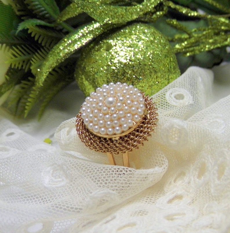 Anillo de perlas, anillo vintage, anillo ajustable, joya italiana antigua, anillo elegante, anillo de mujer de oro, anillo particular grande imagen 3