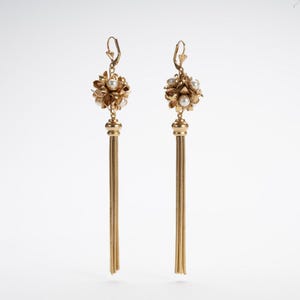 Orecchini Edoardiani Perle d'imitazione Fiori - Gioielli Stile Art Déco Vintage 1920 - Pendenti Frangia Italiani Oro Dorati 14 KT - Regalo