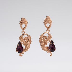 Italian gold earrings, angel earrings, purple amethyst crystal earrings, renaissance earrings, antique victorian earrings, gold