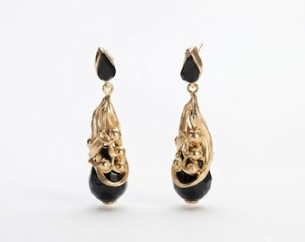 Art Nouveau Style Earrings | Black Crystal Drop | Handmade in Italy | Statement Gold-Plated Jewelry | Timeless Elegance | Gift
