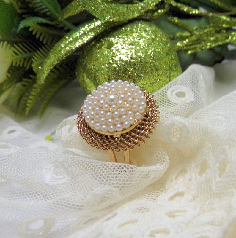 Anillo de perlas, anillo vintage, anillo ajustable, joya italiana antigua, anillo elegante, anillo de mujer de oro, anillo particular grande imagen 6