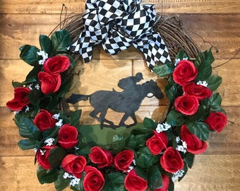 Derby wreath, horse racing wreath, run for the roses wreath, horse wreath, grapevine wreath, rose wreath
