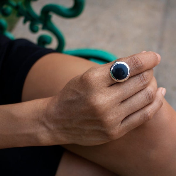 Round Black Onyx Stone Sterling Silver Ring for Women