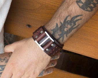 Handmade Leather Bracelet 3.5cm Wide Dark Brown with Metal Studs and Buckle, Unisex Adjustable