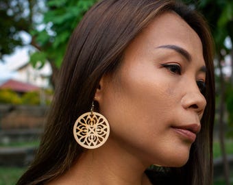 Handmade Wooden Earrings - Decorated with a Floral Pattern
