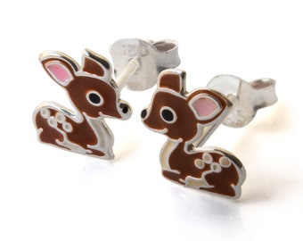 Pendientes infantiles con diseño de ciervo cervatillo y pendientes de plata 925 Bambi para niña