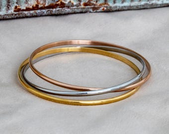 Tricolor Bangle Set Stainless Steel – Gold Silver Rose Gold Bangles – Stackable Bracelet for Women
