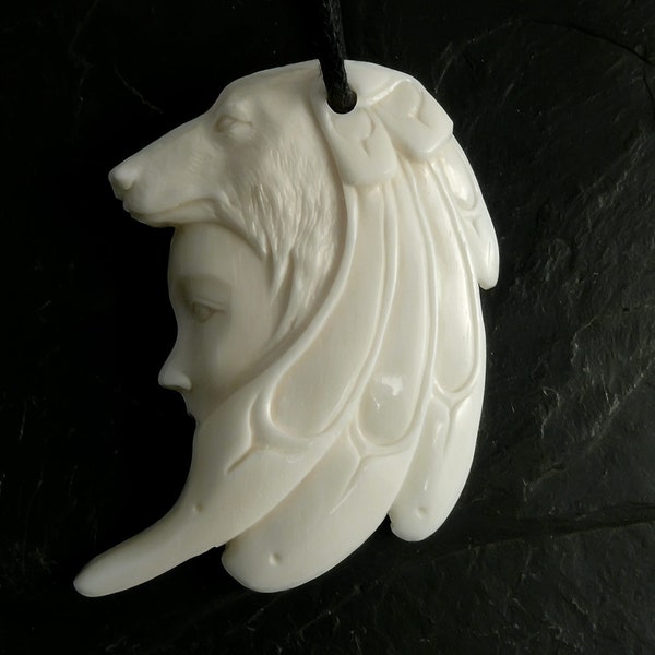 Carved Bone Pendant Wolf Necklace Native American Shaman Amulet