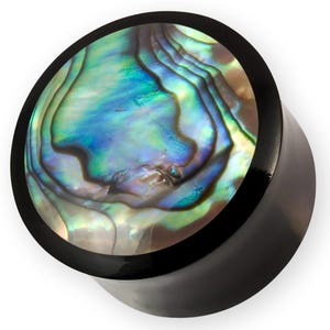 May include: A circular ear plug featuring a polished black outer rim and a central inlay of iridescent abalone shell. The shell displays a swirling pattern of vibrant blues, greens, and purples with a reflective, pearlescent finish.
