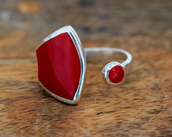 Open 925 Silver Ring with Red Resin – Adjustable Modern Statement Ring