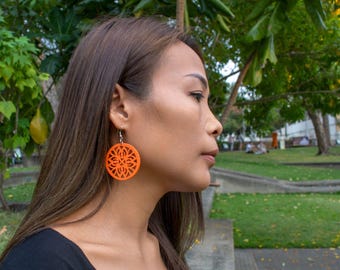 Handmade Earrings Made of Dyed Wood - with a Floral Motif in Orange