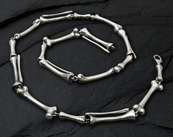 Gothic 925 Sterling Silver Necklace, Skeleton Bone Chain Necklace , Handmade Bone Link Chain, Statement Jewelry