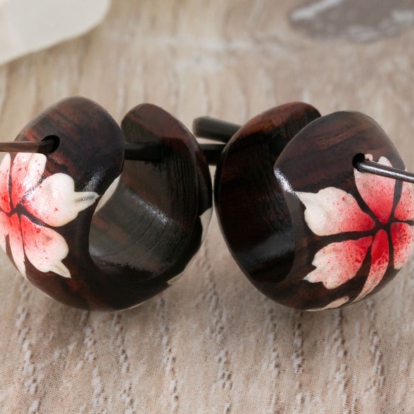 Boho Wooden Hoop Earrings Hibiscus Flower Wood Earrings Blossom