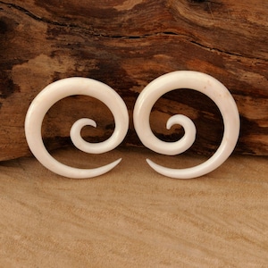 Könnte beinhalten: Ein Paar weiße Spiral-Ohrstecker aus Knochen. Die Ohrstecker liegen auf einer braunen Holzoberfläche.