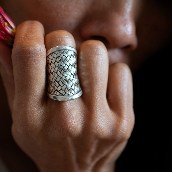 Anillo ancho de plata 925 para mujer trenzado joyería vintage Karen Hill Tribe