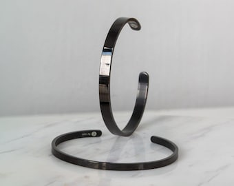 Black Stainless Steel Cuff Bracelet for Men & Women | 4mm or 6mm Open Bangle | Minimalist Black Bracelet | Gift Box Included