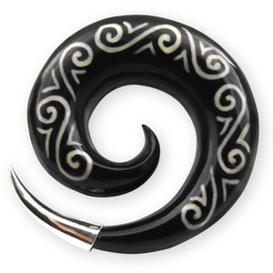 Spiral Ear Stretcher made of Buffalo Horn with Tribal Bone Inlay and Silver Tip