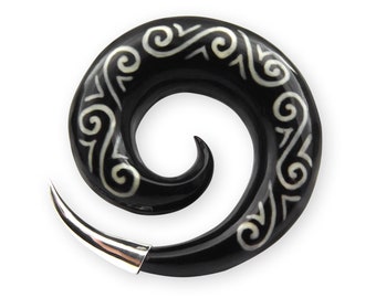 Spiral Ear Stretcher made of Buffalo Horn with Tribal Bone Inlay and Silver Tip