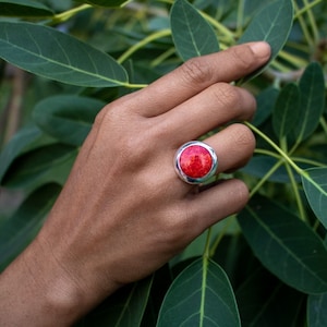Round Silver Ring in Coral Optics Red Gemstone Ring Women adjustable