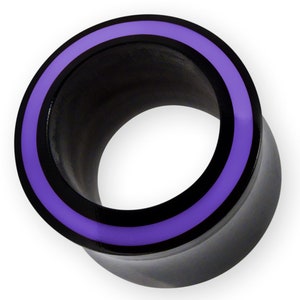May include: Black ear gauge with a purple and black ring around the edge.
