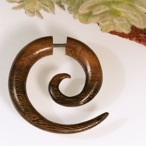 Könnte beinhalten: Ein spiralförmiger Ohrstecker aus dunkelbraunem Holz. Der Stecker ist aus Holz und hat eine natürliche Maserung.