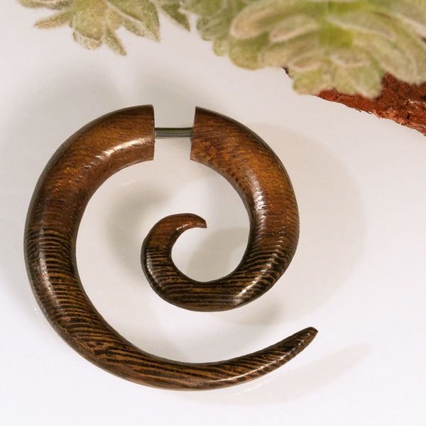 Plain Fake Earring Stretcher Wooden Spiral Piercing Earrings brown