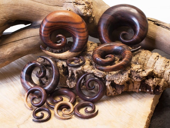 Hand Carved Organic Narra Wood Turquoise Stone Ear Claw Spiral Expander Hand Carved Organic Narra Wood Turquoise Stone Ear Claw Spiral Expander
