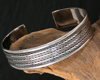 Silver Bangle Viking Silver Wrist Cuff with Pattern Bracelet adjustable