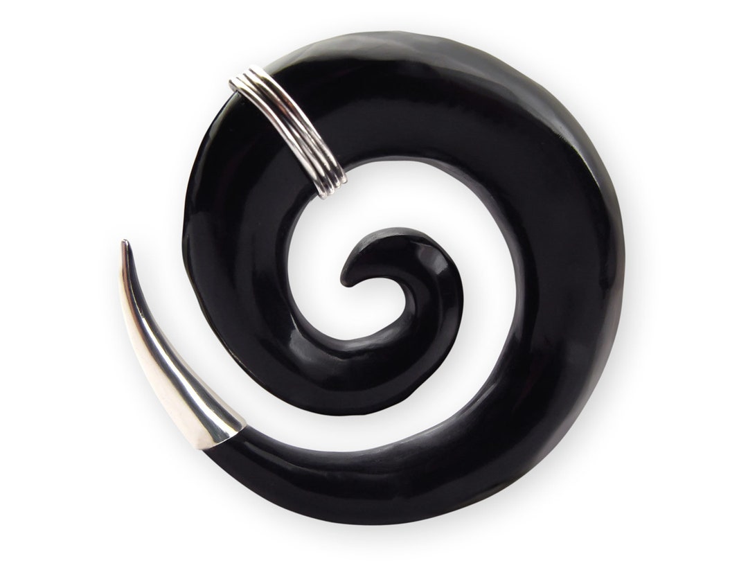 Horn Spiral Ear Stretcher With Silver, Black Spiral Plugs, Organic Ear ...