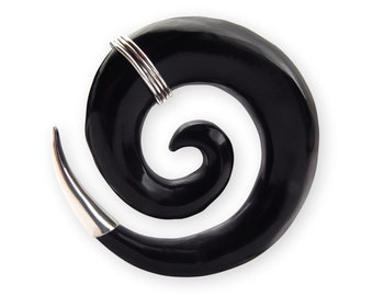 Horn Spiral Ear Stretcher with Silver,  Black Spiral Plugs, Organic Ear Gauges