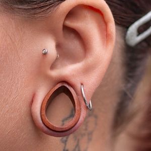 Puede incluir: Primer plano de la oreja de una persona con un expansor de oreja de madera, un pendiente de plata y un aro de plata. El expansor de oreja tiene forma de lágrima y está hecho de madera marrón.