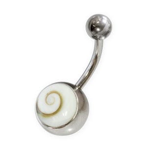 May include: A silver belly button ring with a white seashell charm. The seashell has a spiral pattern.
