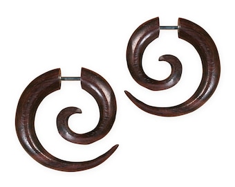 Wooden Spiral Earrings - Fake Gauge Spiral - Wood Piercing Earring - Faux Gauge Style