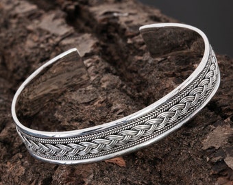 925 Silver Bangle Viking Silver Wrist Cuff with Pattern Bracelet adjustable