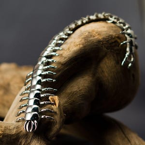 Op de afbeelding: Een zilverkleurige duizendpootarmband met beweeglijke segmenten en gedetailleerde elementen. Het sieraad ligt op een stuk verweerd hout, wat het unieke ontwerp en de insecten-thema's benadrukt.