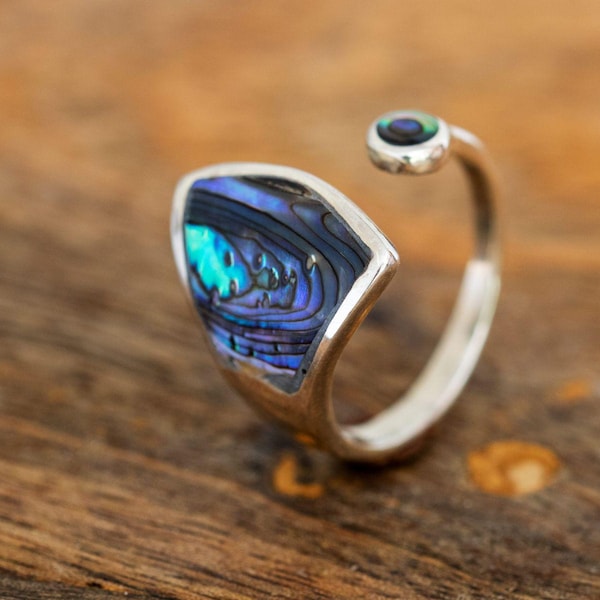 Offener 925 Silber Ring mit Paua Muschel, Muschel Ring Silber größenverstellbar -  Handarbeit Silberschmuck für Frauen