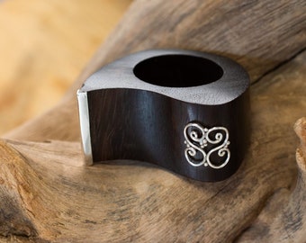 Ebony Wooden Ring with 925 Silver , Wood Band Ring Unique, Curved Lady's Ring from Wood