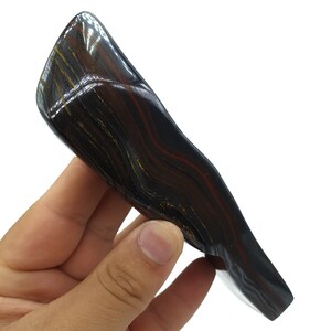 以下が含まれることがあります： 赤と金の縞模様が入った、滑らかな濃い茶色と黒の石。石は細長い楕円形です。