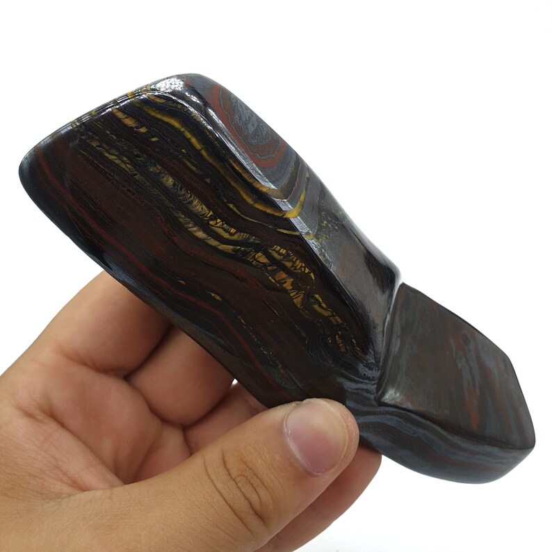 以下が含まれることがあります： 金色と赤色の縞模様が入った、滑らかな濃い茶色と黒色の石。石は細長い平らな楕円形です。