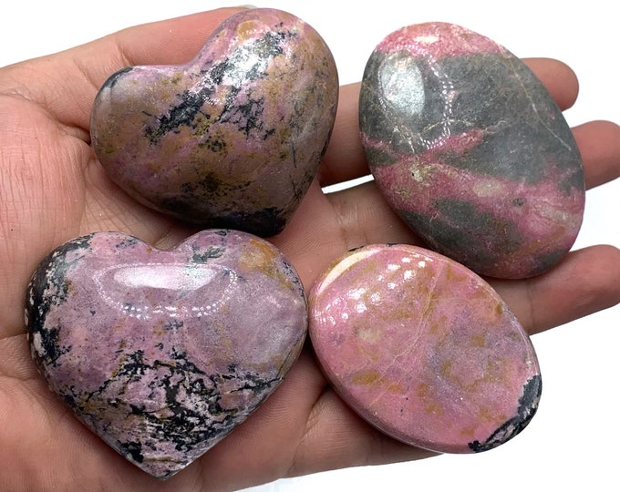 4 Pieces Amazing Quality Pink Color Rhodonite Hearts, Palms ,Pink  Rhodonite, Rhodonite Heart, Palm Crystals 420 Grams