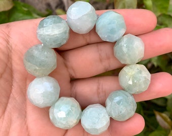 Blue Aquamarine Beaded Bracelet, Natural Gemstone (16-17mm)