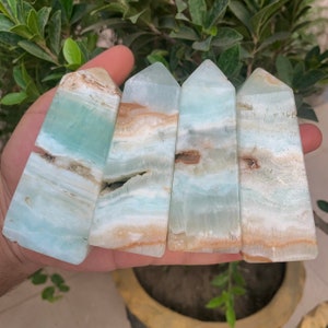 Puede incluir: Cuatro puntas de cristal de celestita azules y marrones, tambi&eacute;n conocidas como celestita "azul cielo", se sostienen en una mano. Las puntas son lisas y pulidas.