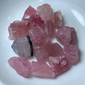 May include: A collection of pink and black tourmaline crystals. The crystals are rough and have a natural, unpolished look. They are a variety of pink, with some having a darker, more reddish hue. Some of the crystals have a black stripe running through them.