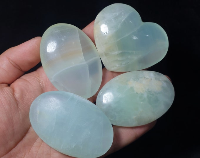 4 Pcs Caribbean Calcite Palm Stone, Caribbean Heart Stone, Caribbean Calcite, Blue Caribbean Heart, Blue Caribbean Palm Stones, Calcite 355g